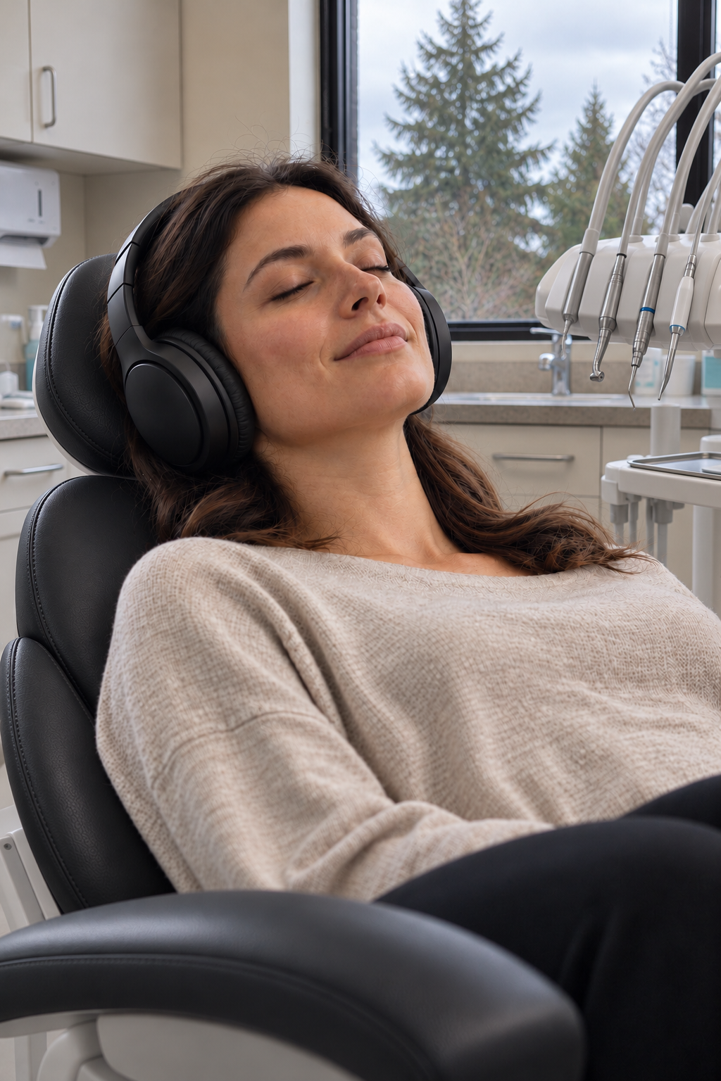 Illustrative image of a relaxed patient in a black dental chair with headphones and evergreens outside the window